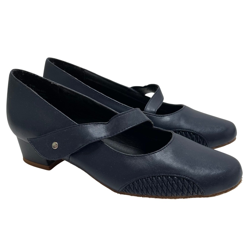 Beacon Navy Blue Leather Mary Jane Low Block Heel Shoes 9M GrannyCottage Retro